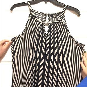 black and white striped dress with gold ring